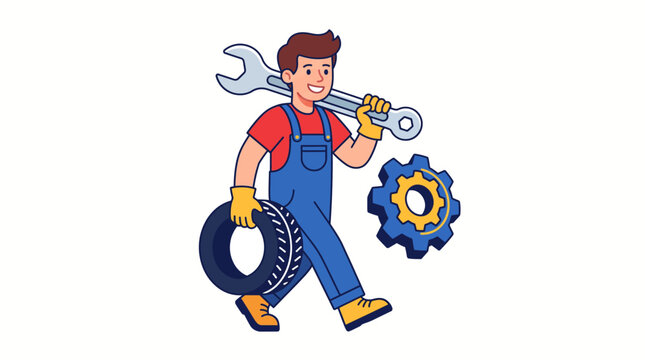Cartoon illustration of a male mechanic in blue overalls carrying a large wrench and a tire, with a gear nearby, on a white background.