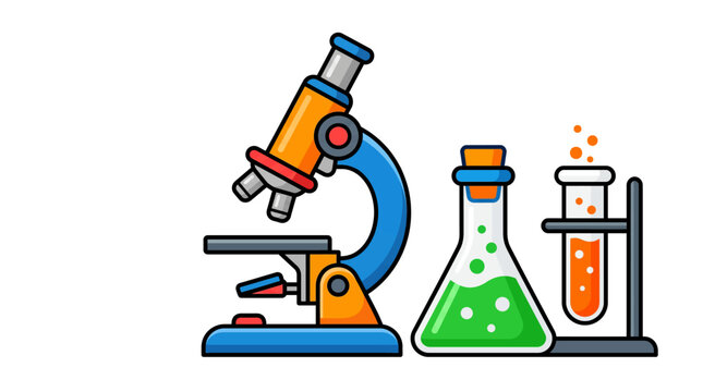 Colorful illustration of a microscope and chemistry lab equipment including a flask with green liquid and test tubes on a white background.