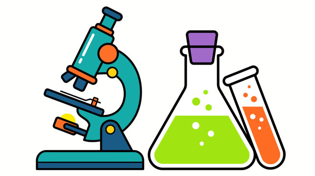 A colorful illustration depicting a science laboratory setup with a microscope, a conical flask with green liquid, and a test tube with orange liquid.