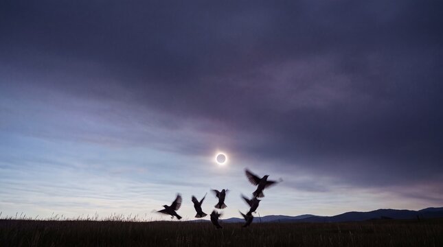 Total solar eclipse with glowing corona ring in dramatic dark cloudy sky over wild grassland as flock of birds takes flight at twilight horizon.