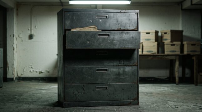 A dark, old, four-drawer metal filing cabinet with one drawer open, revealing papers, in a dimly lit, gritty storage room with peeling walls and cardboard boxes.