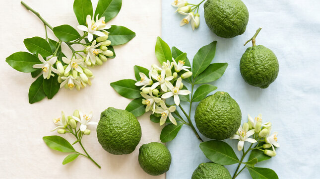 Fresh green bergamot citrus fruits arranged with delicate white blossoms on a bright dual background