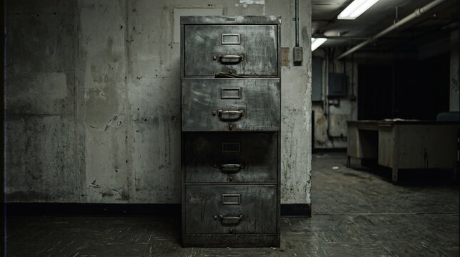 Old rusty four-drawer filing cabinet in a dark, abandoned, and grimy industrial room with dirty walls and a desolate atmosphere.
