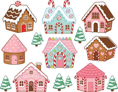 Cute Christmas gingerbread houses vector set with candy cane decorations, pink icing roofs, snowy trees, and sweet treats for winter holiday graphic design