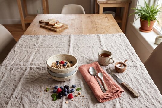 Cozy breakfast table with granola bowls, fresh berries, hot tea and linen napkin on beige tablecloth in bright kitchen with window light.
