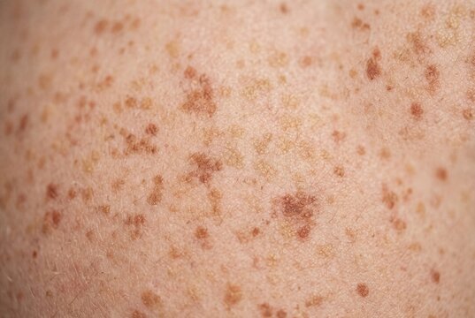 Extreme closeup of human skin texture with natural freckles and brown pigmentation spots across fair surface showing dermatology and skincare concept.