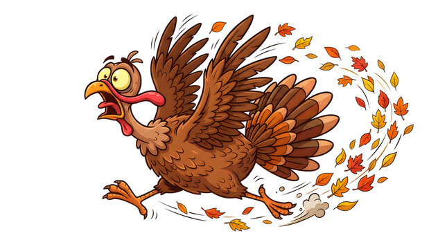 Funny cartoon turkey bird running fast with autumn leaves in fall season