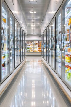 Supermarket freezer aisle with glass doors and refrigerated frozen food for retail background and store interior design