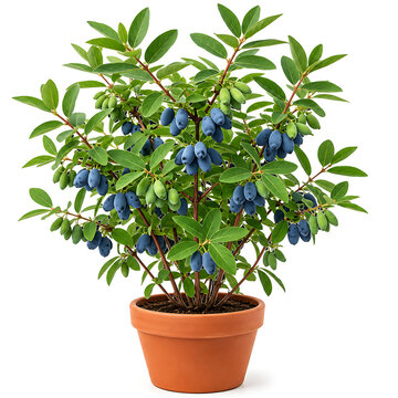 Blue honeysuckle bush covered in ripe berries in a terra cotta pot with vitamins