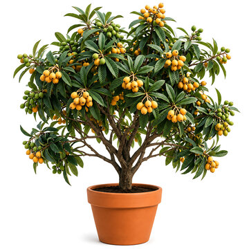 Loquat tree with abundant ripe yellow fruit growing in a planter, small fruit