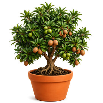 Small potted sapodilla tree with ripe brown fruit sapodilla tropical isolated
