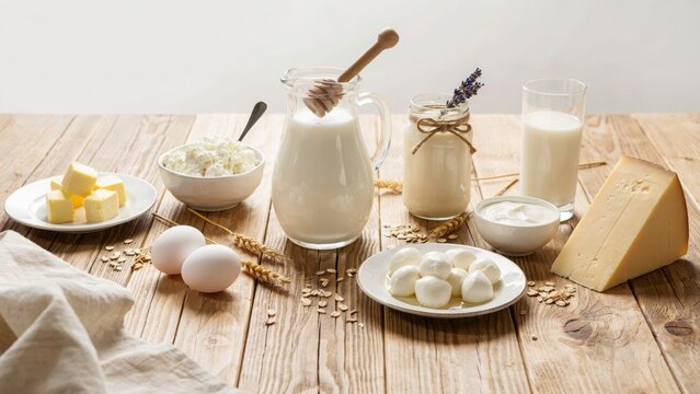 Rustic dairy products assortment on wooden table, fresh organic milk and cheese collection, farm to table dairy food still life with eggs and butter