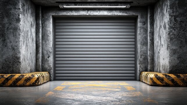 Industrial loading bay with a gray metal roller shutter door and grimy concrete walls displaying wear and aging patterns in a commercial space