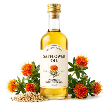 Bottle of golden safflower oil with fresh orange flowers and seeds, safflower