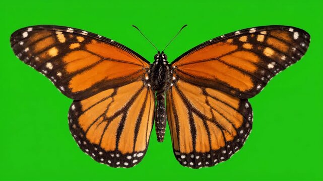 Vibrant monarch butterfly flapping its wings in a continuous seamless loop animation against a bright chroma key green screen background