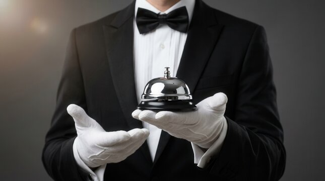 A professional waiter in a tuxedo holding a silver service bell.
