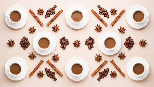 Symmetrical coffee pattern with white espresso cups, aromatic cinnamon sticks and star anise, flat lay coffee beans on beige background