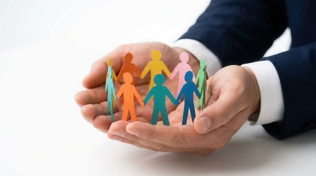 Business leadership concept featuring diversity and inclusion with colorful paper people in hands.