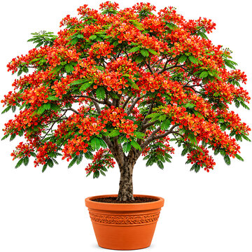 Flowering flamboyant tree in a clay pot with red blossoms flamboyant tropical