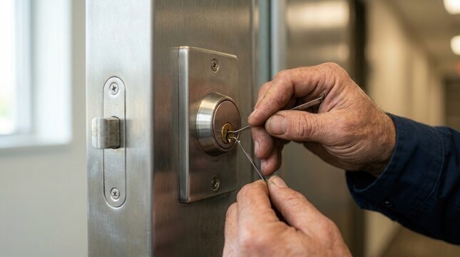 Professional locksmith man fixing a metal door lock with specialized tools.