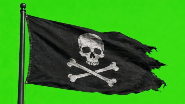 Jolly Roger pirate flag waving on a pole. Black banner with a skull and crossbones symbol against a green screen background. Symbol of danger, marine adventure and outlaw lifestyle.