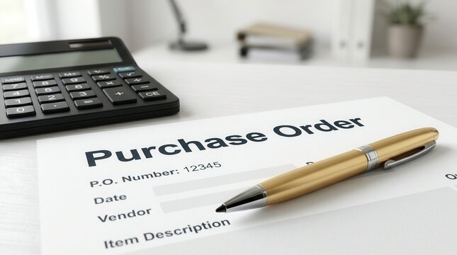 A professional purchase order form with a calculator and a gold pen.