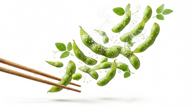 Boiled edamame pods floating with sea salt crystals, soybean leaves, sesame seeds, water droplets, bamboo chopsticks, and gentle steam, isolated on a pure white background.
