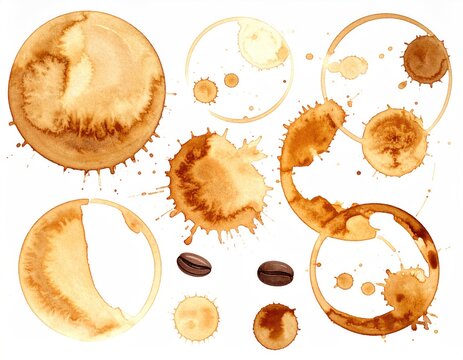 Various brown coffee rings and splatters on a white background