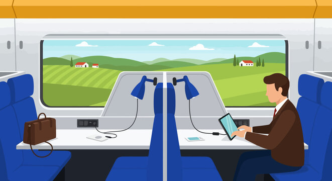 A businessman working on a tablet inside a modern train, traveling through a scenic green countryside with fields and houses.