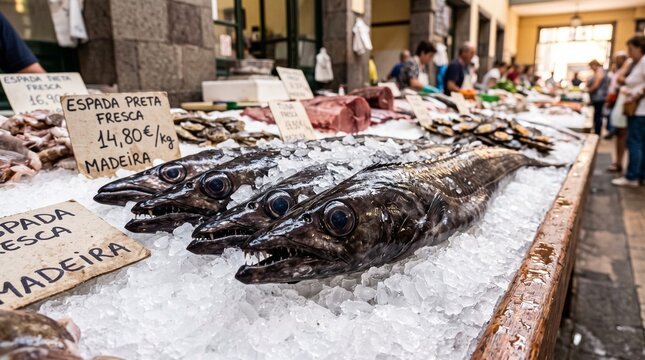 Fresh Espada Preta fish displayed on ice at a market stall in Madeira