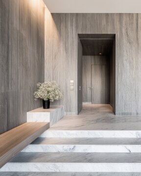 Minimal modern lobby entrance with marble steps and textured wood wall for hotel or office interior design