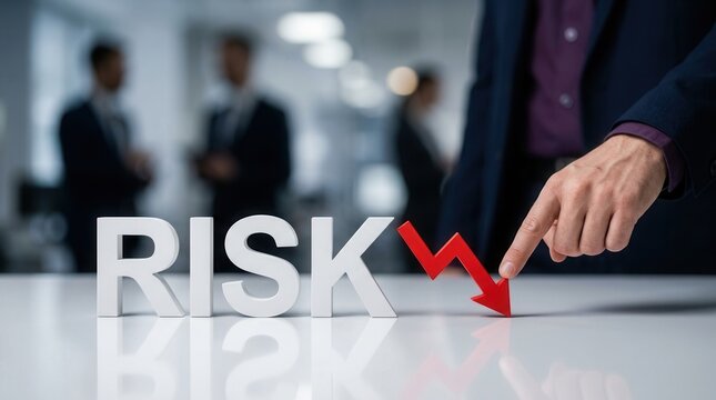 Business person pointing at a diminishing red arrow indicating risk.
