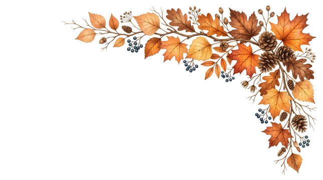 Beautiful autumn leaf corner frame with falling orange and brown maple leaves for fall season design