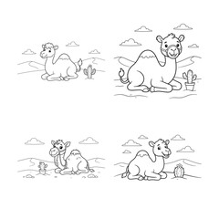 Obraz premium Camel color page collection four relaxing desert scenes for kids' coloring and creative expression