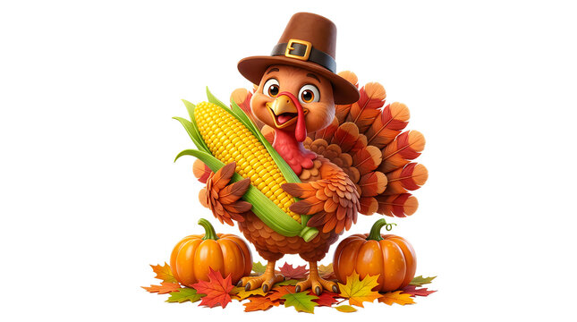 Cute cartoon thanksgiving turkey wearing a pilgrim hat holding a corn cob with orange pumpkins
