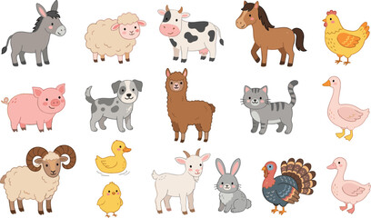 Fototapeta premium Cute cartoon farm animals vector set with cow, horse, sheep, pig, alpaca, goat, chicken, duck, and rabbit for children graphic design element icons