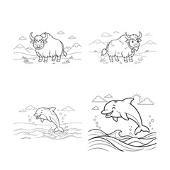 Obraz premium Animal color page for kids bison and dolphin outlines for coloring and creative expression