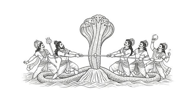 Samudra manthan churning the ocean hindu cosmology vector