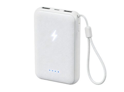 White portable power bank with wrist strap isolated on transparent background