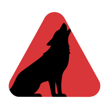 Minimalist howling wolf silhouette inside a red equilateral triangle with rounded corners on a white background, animal symbol and graphic design concept