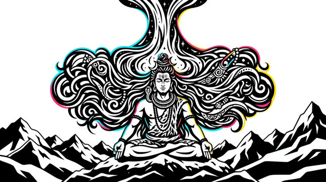 Meditating deity in mountain range for hindu cosmology vector
