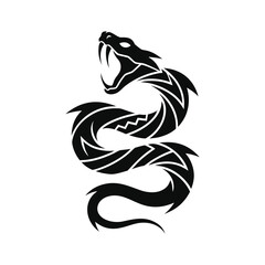 Obraz premium Tribal black snake emblem with open mouth and fangs stylized serpent design with stylized black serpent coiled ready strike, sharp fangs bared, illustration, aggressive, background, art