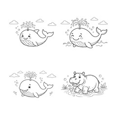 Fototapeta premium Whale and hippopotamus color page for kids black and white line art illustration