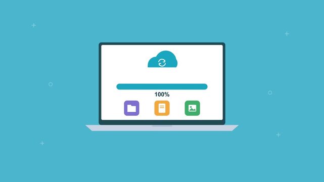laptop syncing files with the cloud with a progress bar and file icons, cyan color scheme