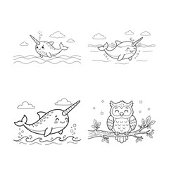 Obraz premium Narwhal and owl color page set adorable ocean and forest animals for kids coloring activities