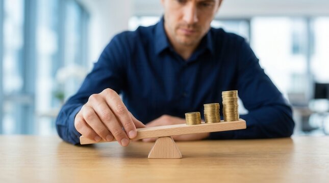 A person balancing money leverage and inflation on a wooden scale.