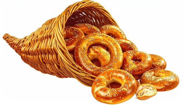 Wicker cornucopia overflowing with golden-brown baked rings topped with seeds