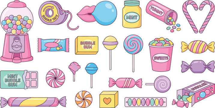 Cute candy and bubblegum vector set with gumball machine, colorful lollipops, sweets, candy canes, mints, and pastel treats for party graphic design elements