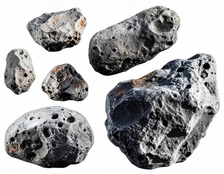 A collage of seven irregular, cratered, gray space rocks on white