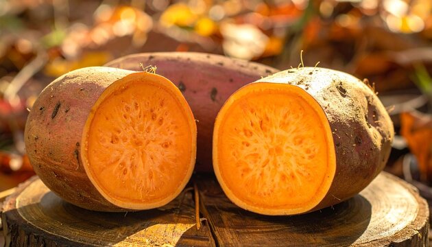"Sweet potato whole and cut with vibrant flesh"